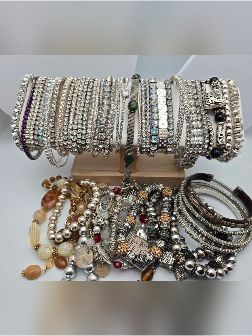 Lot of 50 Costume Jewelry Bracelet Lot Beaded Stretch Rhinestone Gold Silver